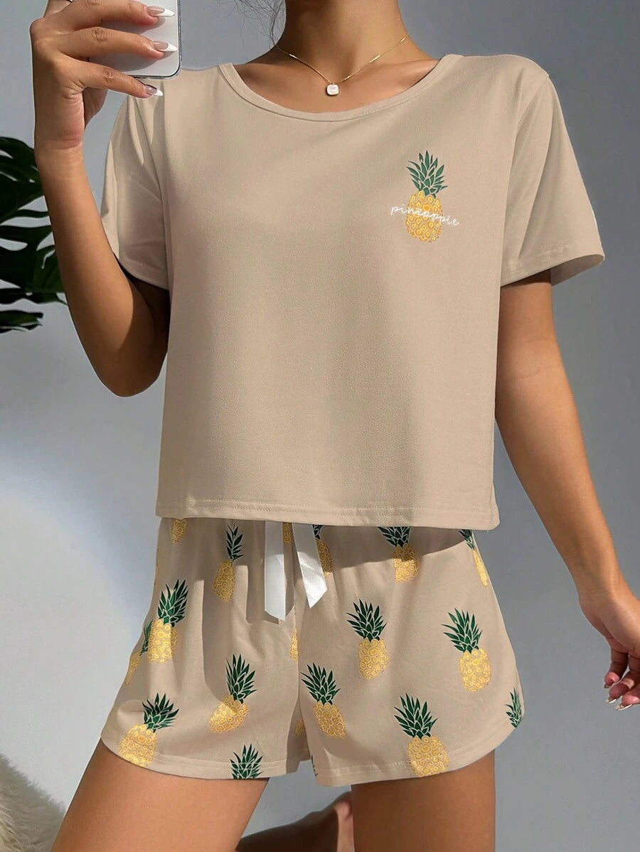 Pineapple Print Tee And Shorts Set