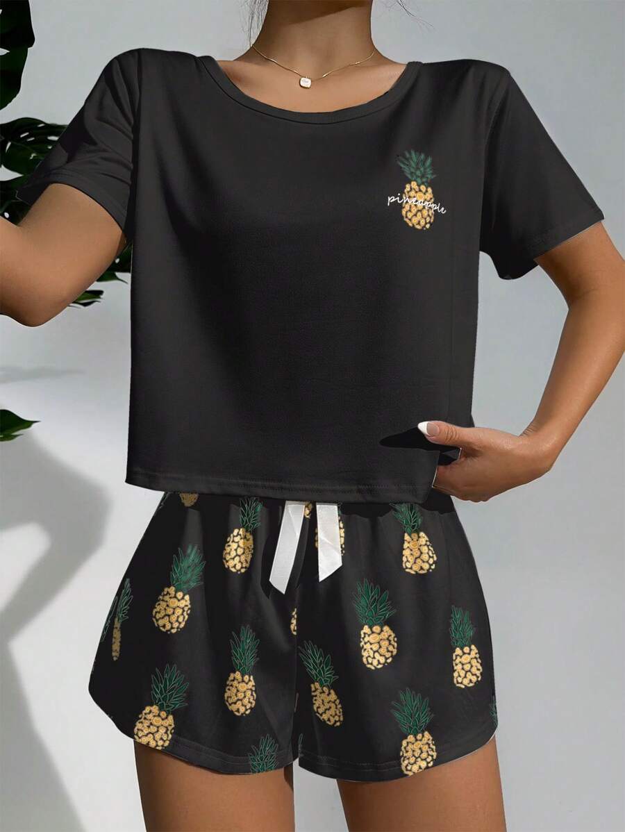 Pineapple Print Tee And Shorts Set