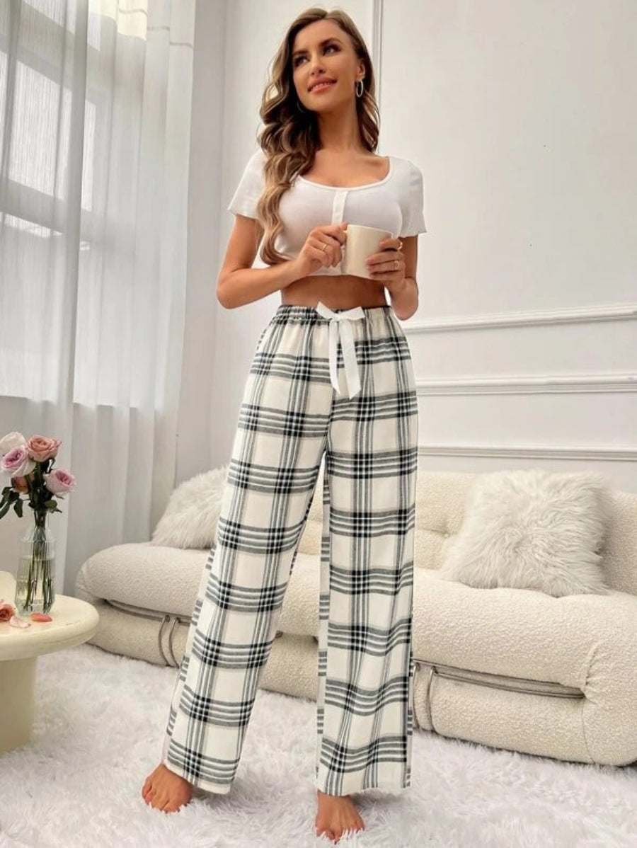 Plaid Printed Tie Front Sleep Pants