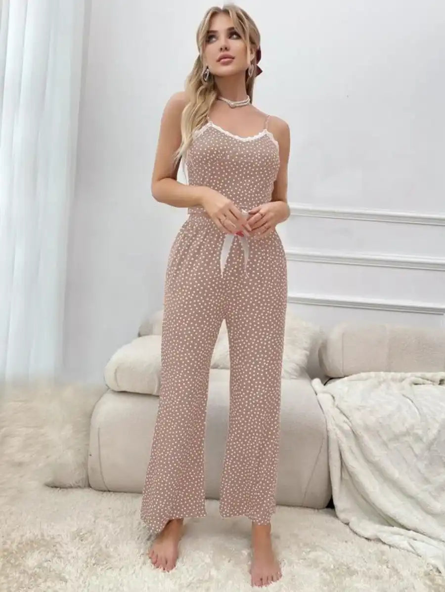 Polka Dot Contrast Lace Bow Front Cami Pajama Set