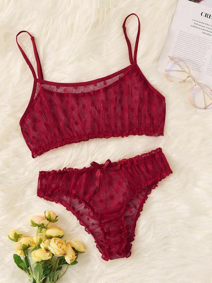 Polka Dot Mesh Frill Trim Lingerie Set