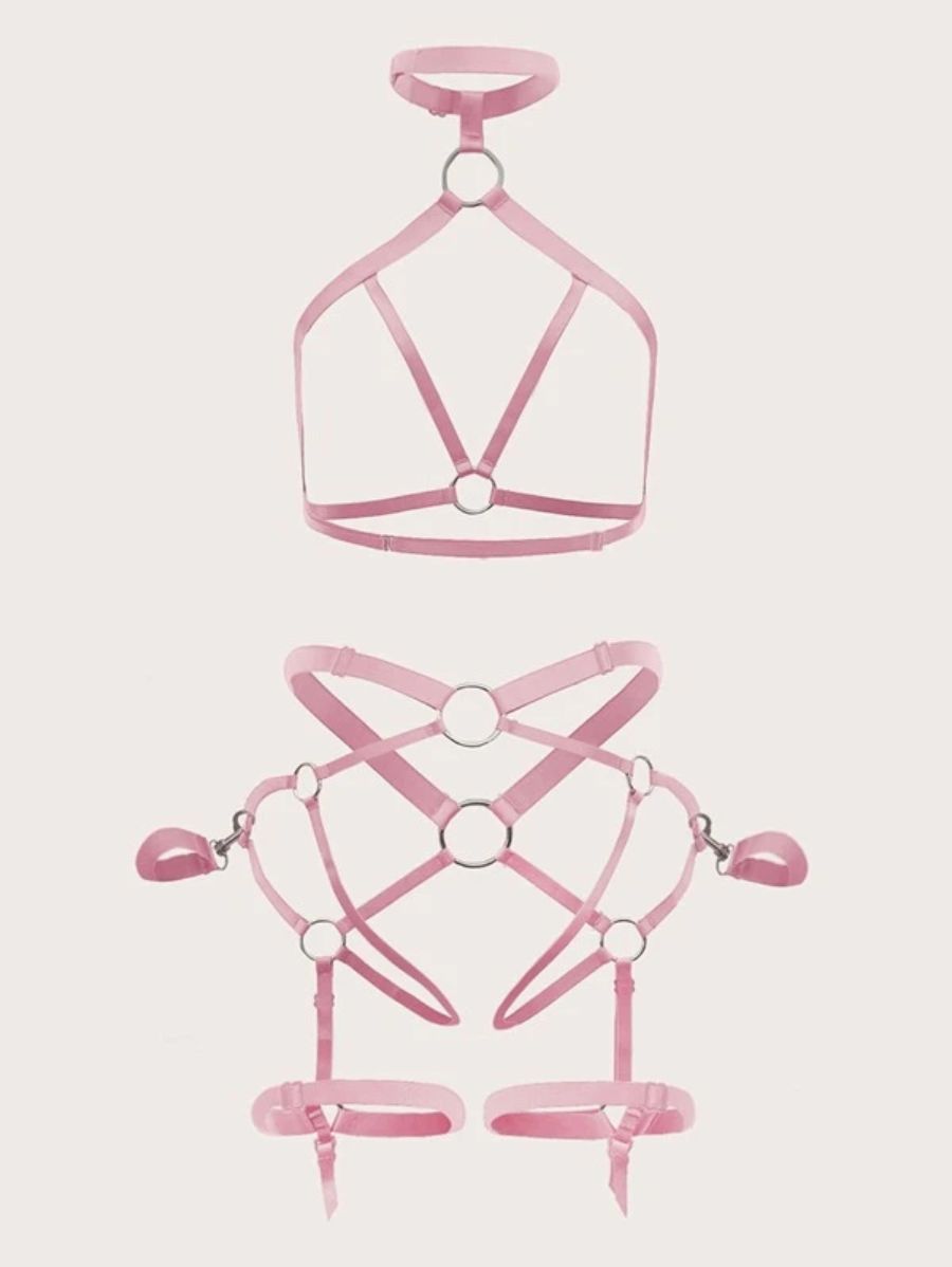 Ring Designed Linked Harness Lingerie Set Pink One Size