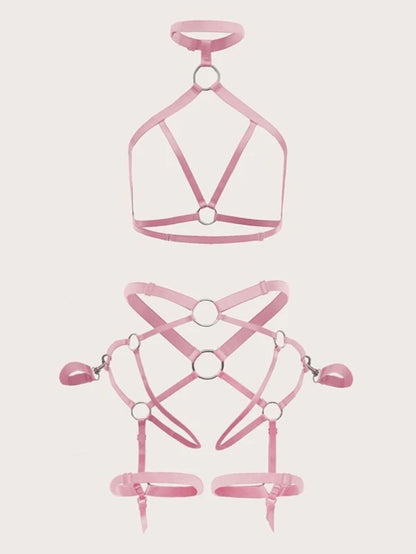 Ring Designed Linked Harness Lingerie Set Pink One Size