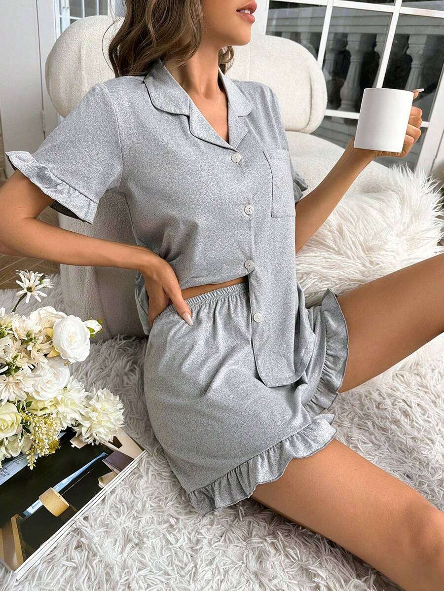 Ruffle Trim Patched Pocket Lounge Set