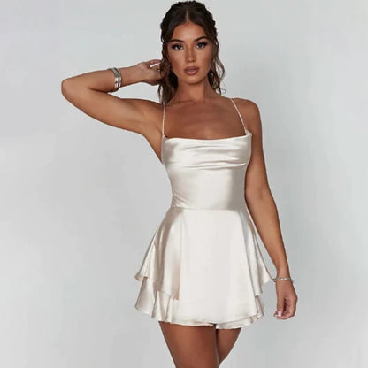 Satin Flare Mini Dress with Ruffled Hem White