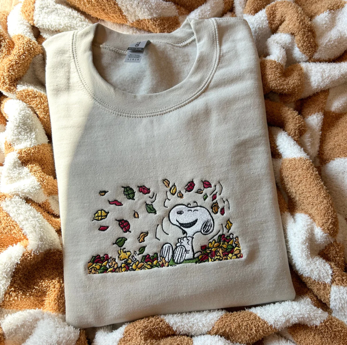 Snoop Doggy Fall Embroidered Sweatshirt Beige Leaves