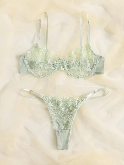 Sheer Mesh Embroidery Underwire Lingerie Set