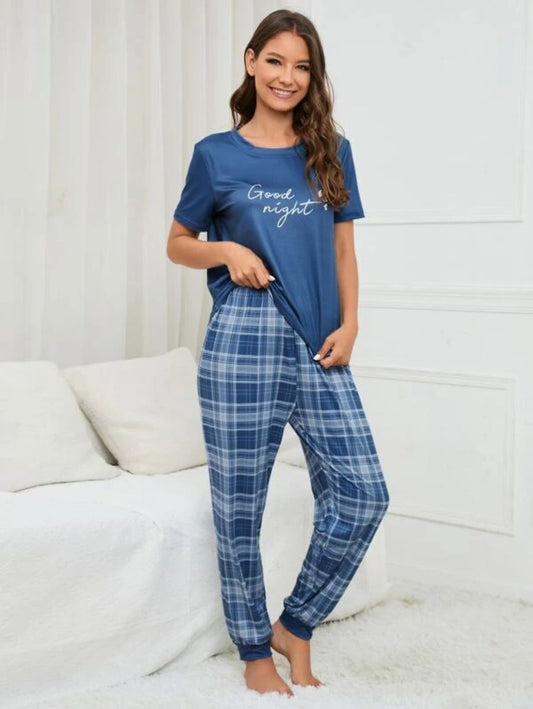 Slogan Graphic Tee And Plaid Print Pajama Set