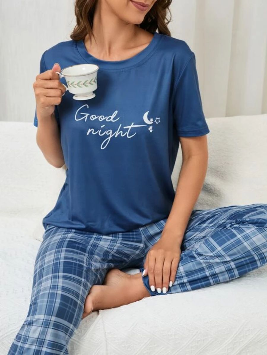 Slogan Graphic Tee And Plaid Print Pajama Set