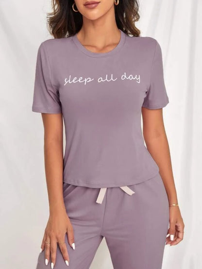 Slogan Graphic Tee And Bow Front Pants Lounge Set