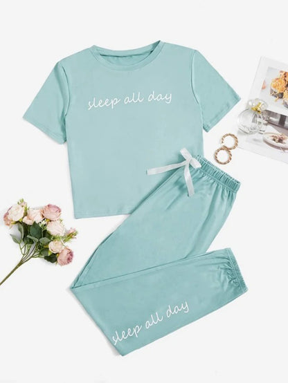 Slogan Graphic Tee And Bow Front Pants Lounge Set