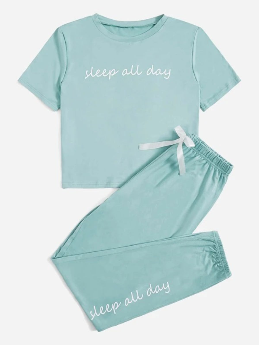 Slogan Graphic Tee And Bow Front Pants Lounge Set Blue