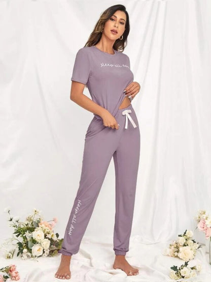 Slogan Graphic Tee And Bow Front Pants Lounge Set