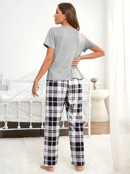 Slogan Graphic Tee And Plaid Print Pants Set