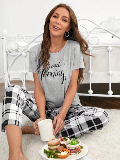 Slogan Graphic Tee And Plaid Print Pants Set