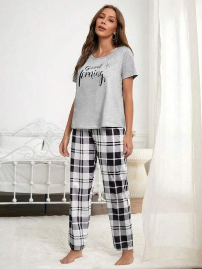 Slogan Graphic Tee And Plaid Print Pants Set