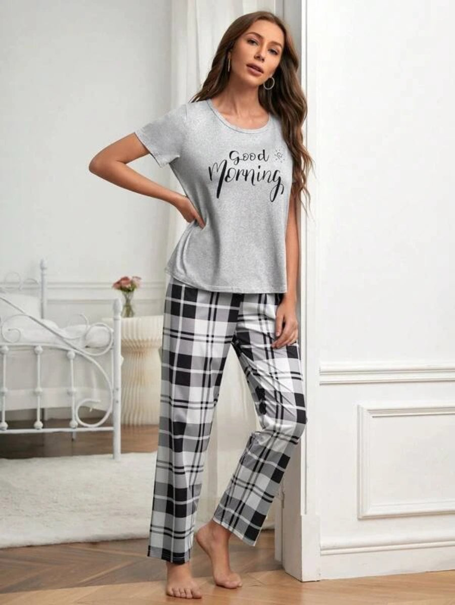 Slogan Graphic Tee And Plaid Print Pants Set