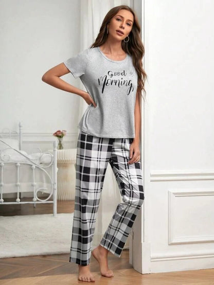 Slogan Graphic Tee And Plaid Print Pants Set