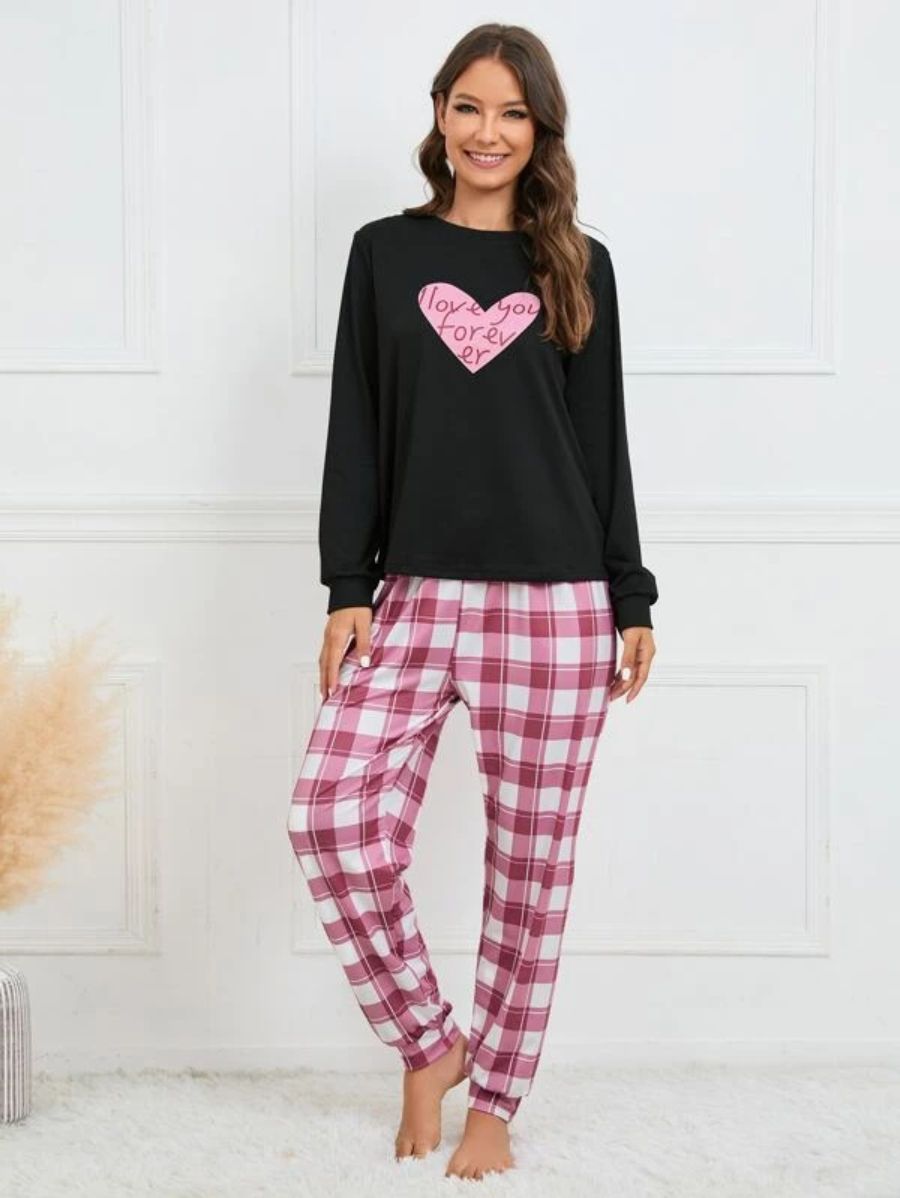 Slogan Graphic Top And Plaid Pants PJ Set Dark Pink