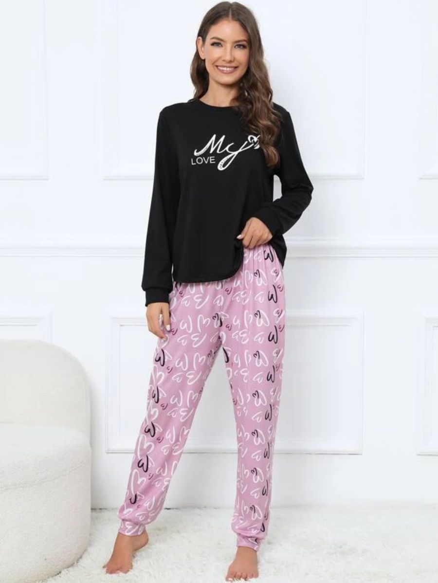 Slogan Graphic Top And Plaid Pants PJ Set