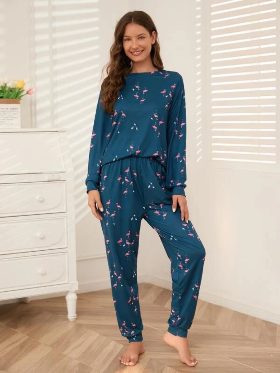 Slogan Graphic Top And Plaid Pants PJ Set Dark Blue