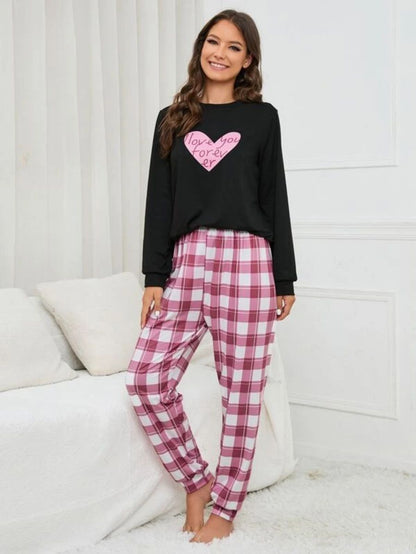 Slogan Graphic Top And Plaid Pants PJ Set