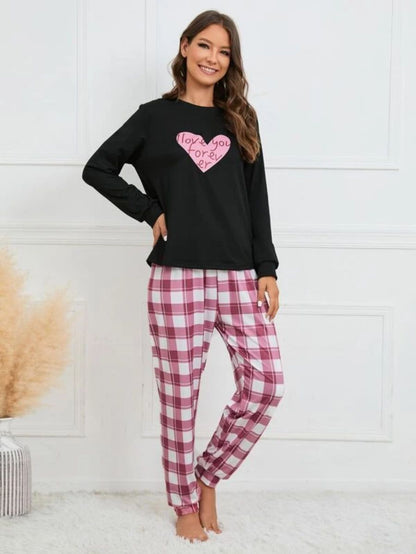 Slogan Graphic Top And Plaid Pants PJ Set