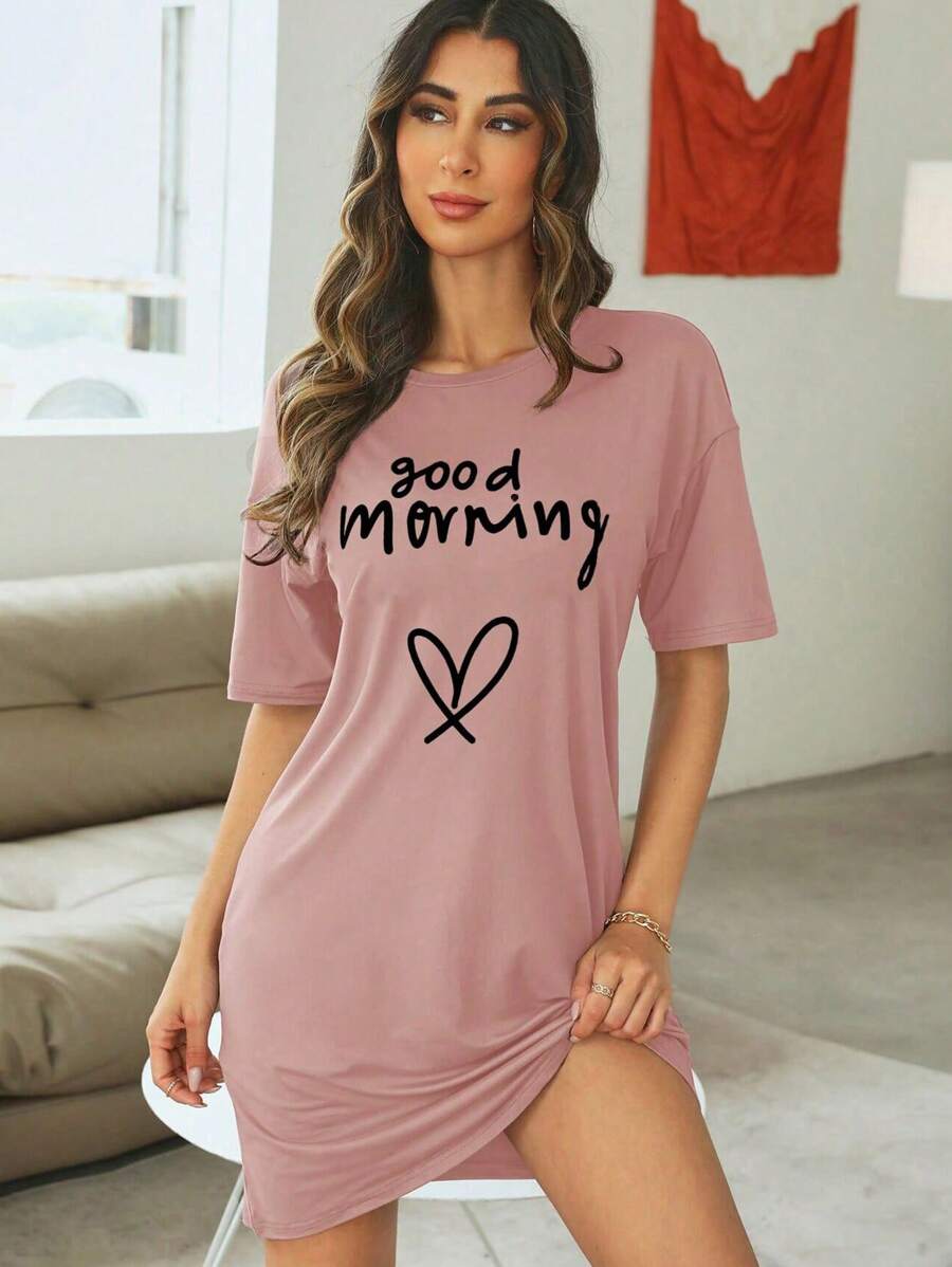 Slogan Print Stretch Sleep Shirts