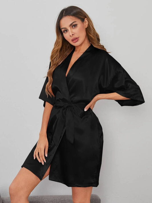 Solid Satin Belted Robe Black