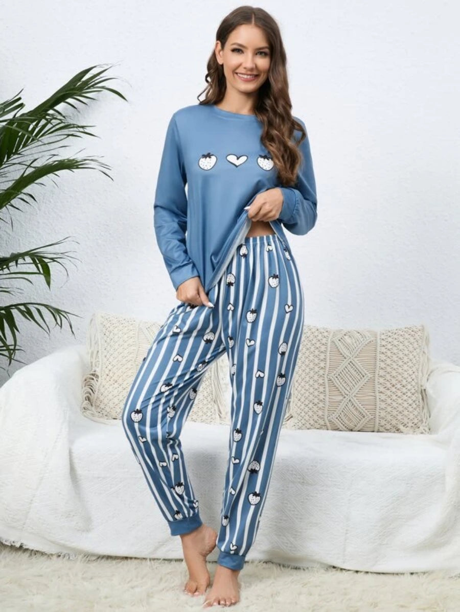 Strawberry Print Top Striped Pants Set