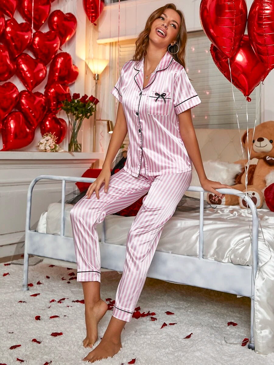 Striped Print Contrast Binding Satin Set