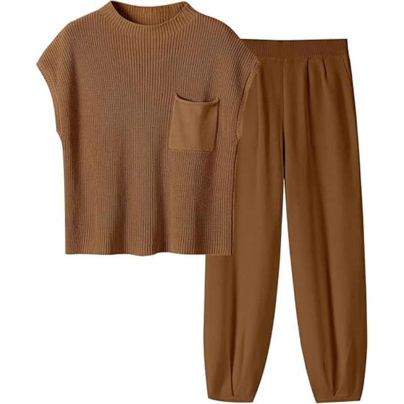 Two Piece Knit Sweater And Pants Set Brown