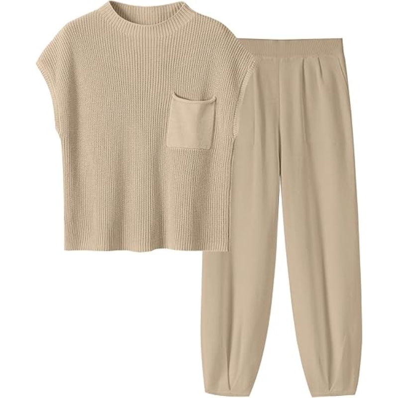 Two Piece Knit Sweater And Pants Set Beige