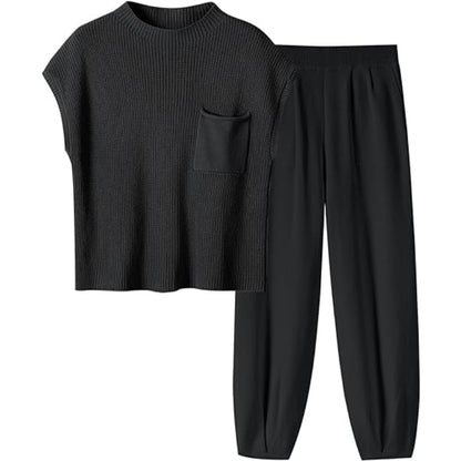 Two Piece Knit Sweater And Pants Set Black