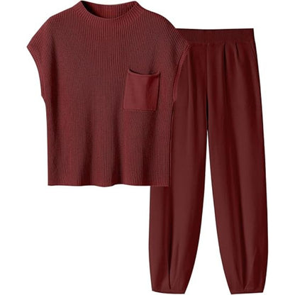 Two Piece Knit Sweatsuit Set Maroon