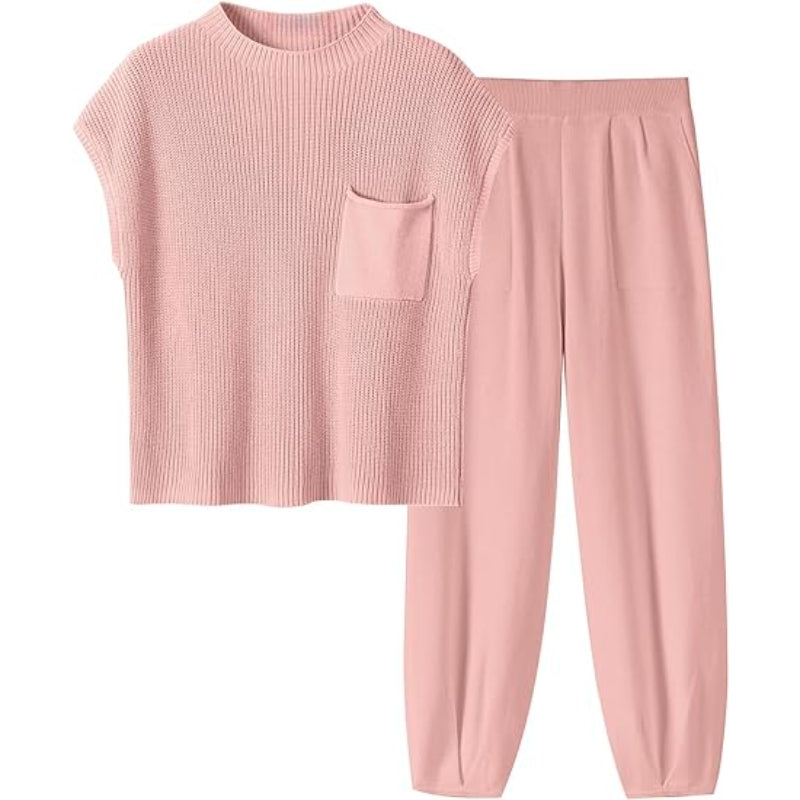 Two Piece Knit Sweatsuit Set Light Pink