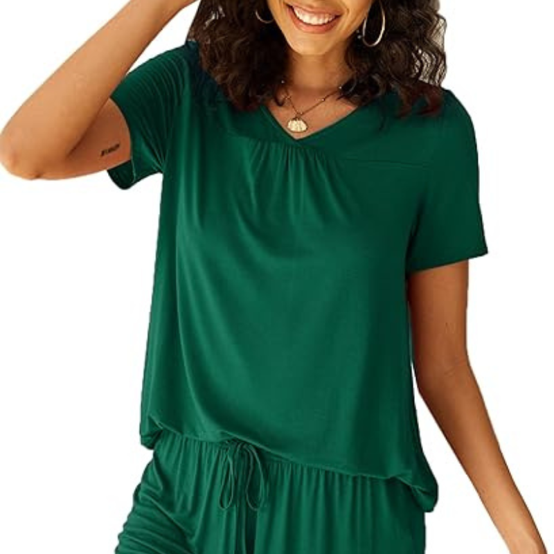 Short Sleeve Top And Nightwear Pajama Set Dark Green