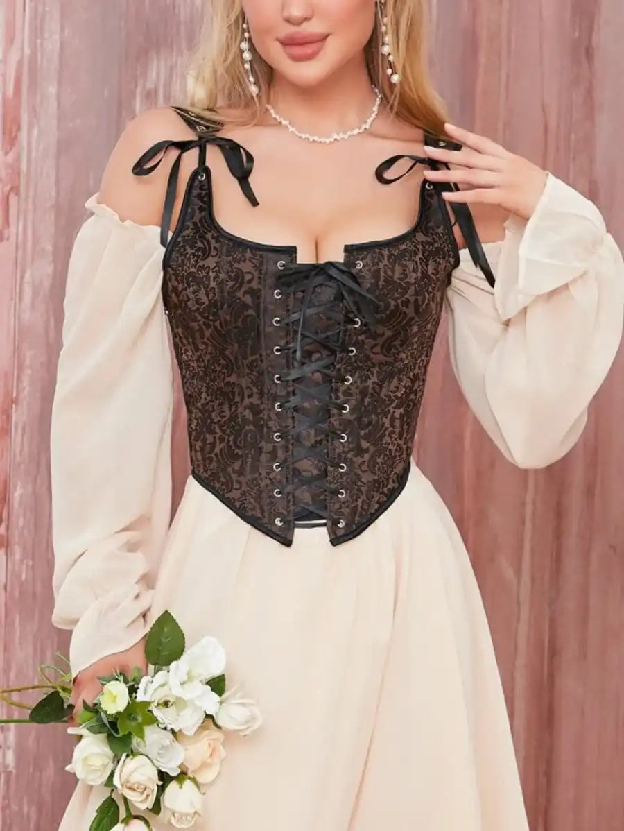 Vintage Floral Jacquard Grommet Lace Up Corset Top