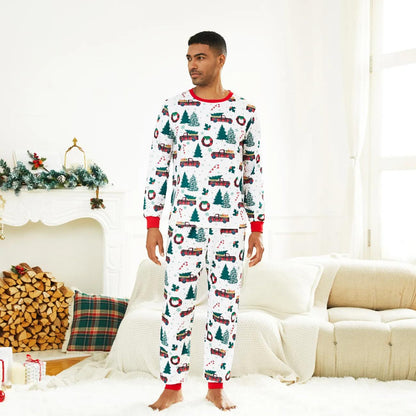 Matching Christmas Tree And Car Print Long Sleeved Pajama Set Men