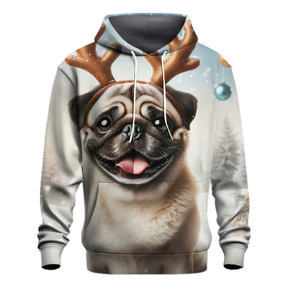 Cute Christmas Pug in Reindeer Antlers Hoodie