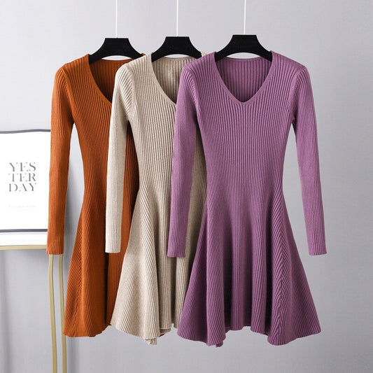 Autumn Oversize V-Neck Knitted Sweater Dress For Women