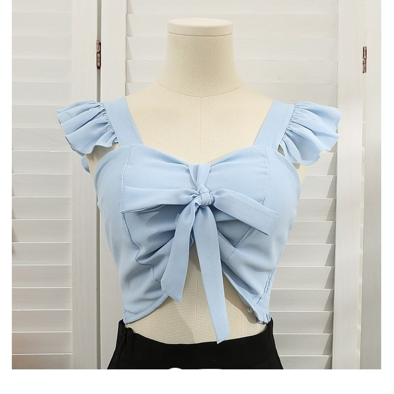 Bohemian Bow Tie Lace-up Print Camisole Tops For Women Blue One Size