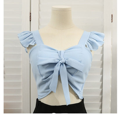 Bohemian Bow Tie Lace-up Print Camisole Tops For Women Blue One Size