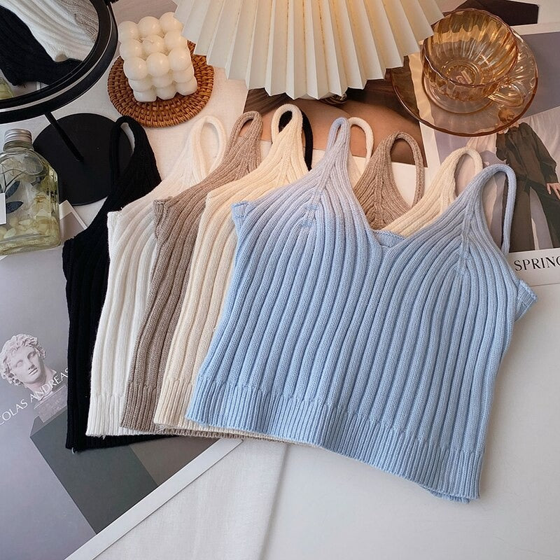 Camisole Solid Color Knitted Vest Tops For Women