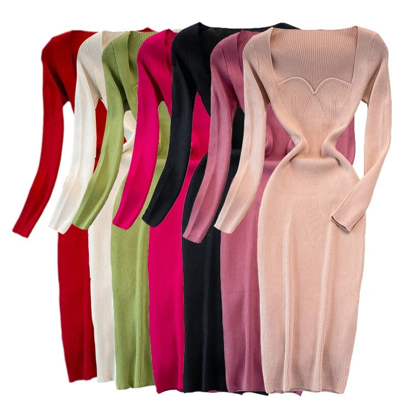 Elegant Low Neck Tight Stretch Knit Dress For Women