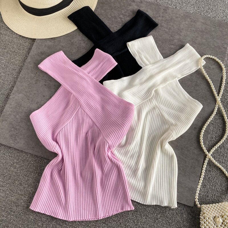 Slim Cross Halter Knit Sweater Tank Tops For Women