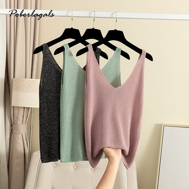 V-Neck Loose Bright Knitted Camisole Tanks For Women