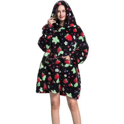 Printed Winter Oversized Fleece Hoodies Blanket Stawberry