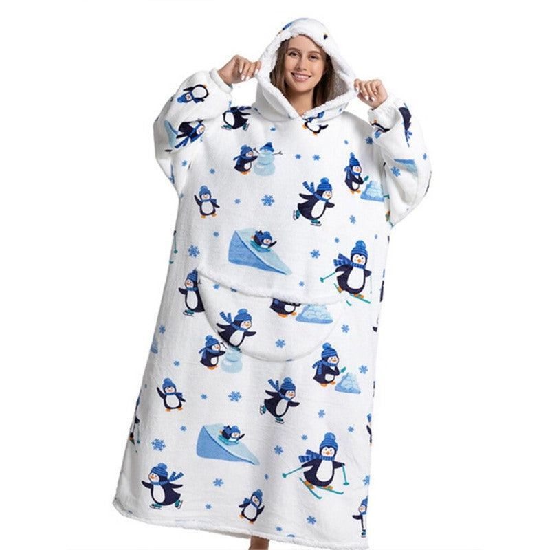 Oversized Long Warm Printed Winter Hoodies Penguin One Size