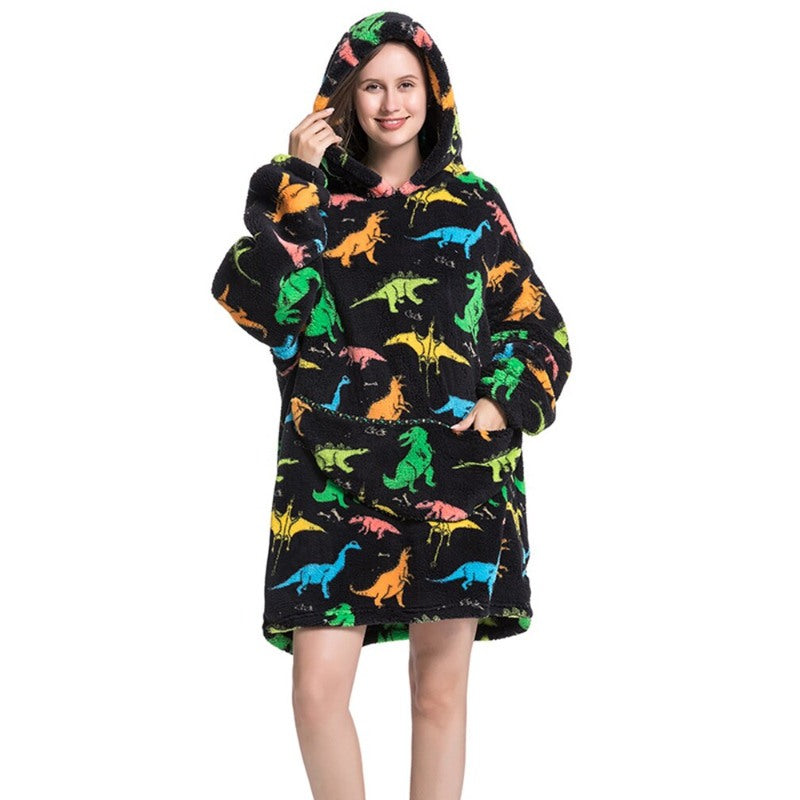 Printed Winter Oversized Fleece Hoodies Blanket Colorful Dinosaur